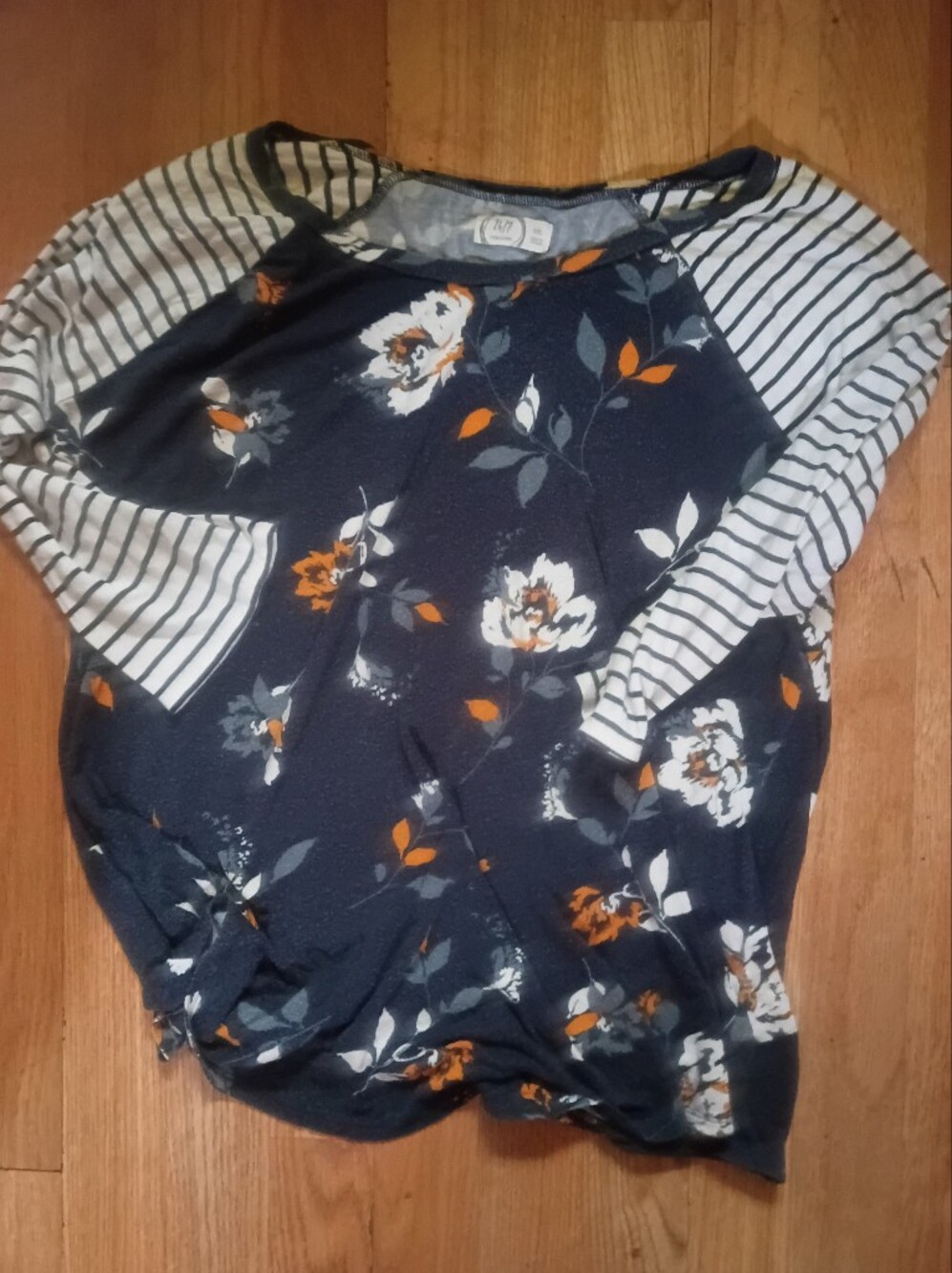 Floral Navy Raglan Short Sleeve Tee with Striped Sleeves